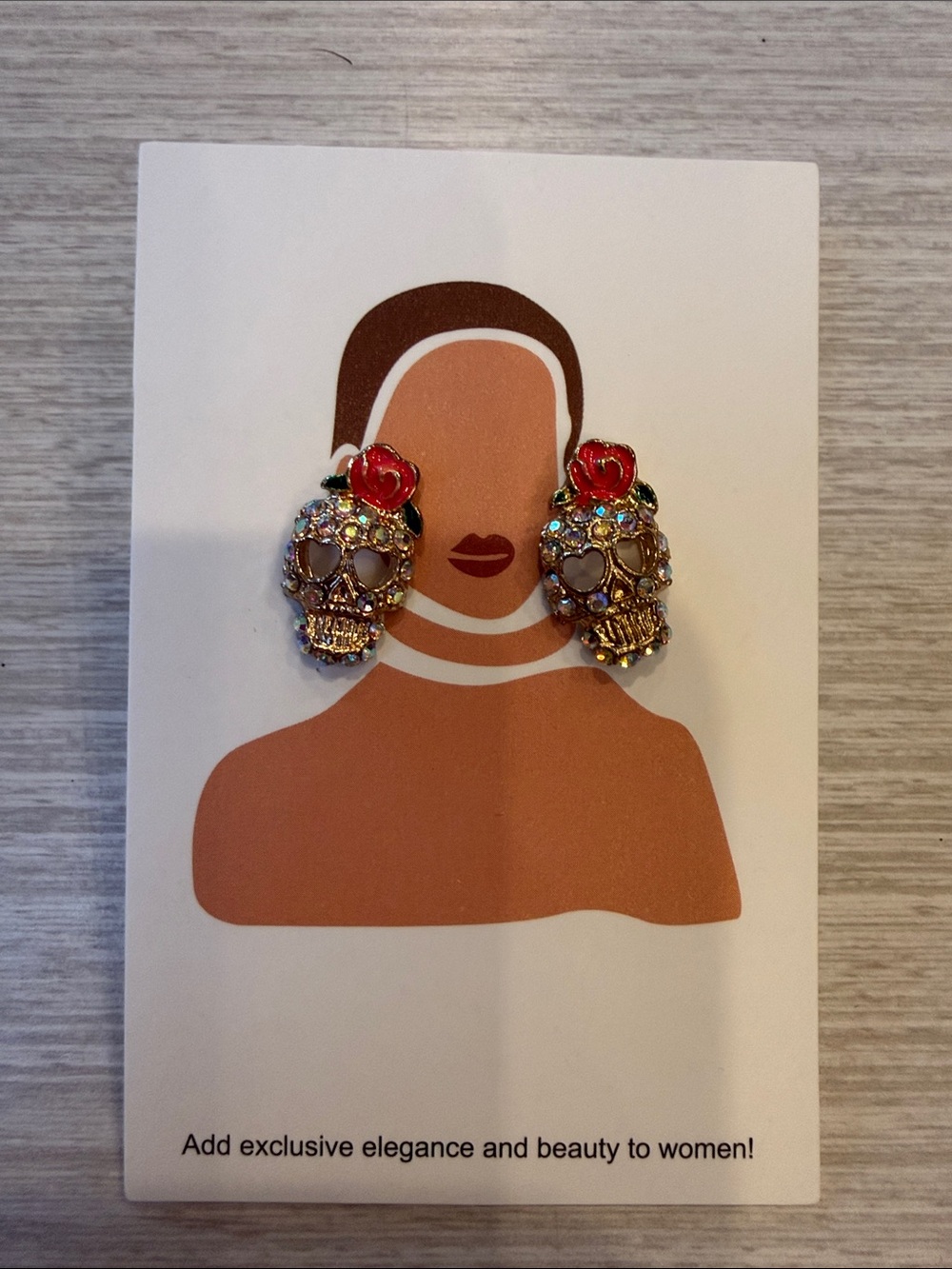 Gold Crystal Skull Stud Earrings with Red Rose Accent